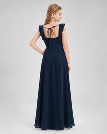 Dideyttawl Chiffon Junior Bridesmaid Dress with Ruffle Slit & Square Neck