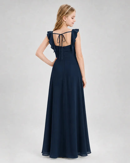 Navyblue Chiffon A-line Junior Bridesmaid Dress Back View