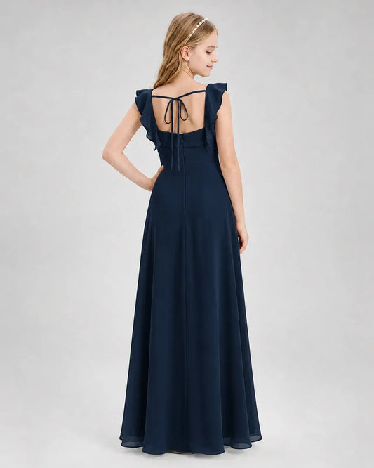 Navy Blue Chiffon A-line Junior Bridesmaid Dress Back View