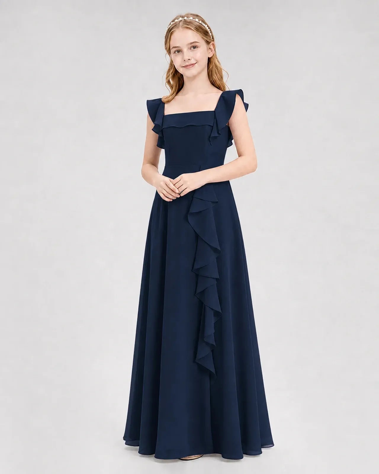 Navyblue Chiffon A-line Junior Bridesmaid Dress Front View