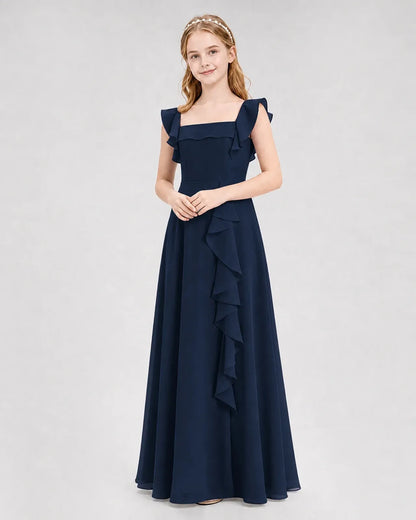 Navyblue Chiffon A-line Junior Bridesmaid Dress Front View
