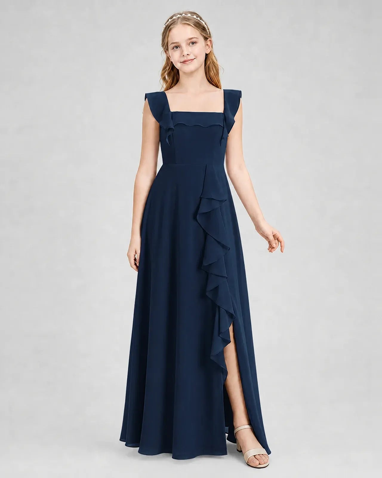Navyblue Chiffon A-line Junior Bridesmaid Dress Side View