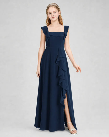 Navyblue Chiffon A-line Junior Bridesmaid Dress Side View