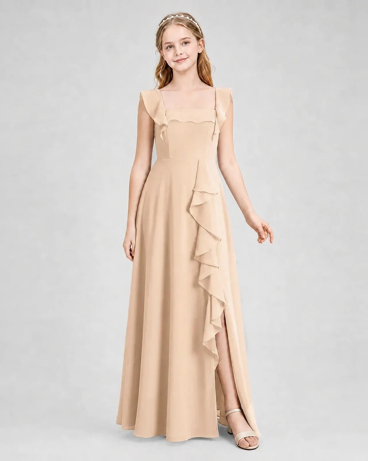 Peach Chiffon A-line Junior Bridesmaid Dress Side View