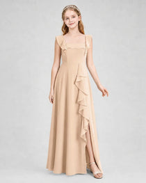 Dideyttawl Chiffon Junior Bridesmaid Dress with Ruffle Slit & Square Neck