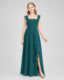 Dideyttawl Chiffon Junior Bridesmaid Dress with Ruffle Slit & Square Neck