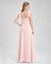 Dideyttawl Chiffon Junior Bridesmaid Dress with Ruffle Slit & Square Neck