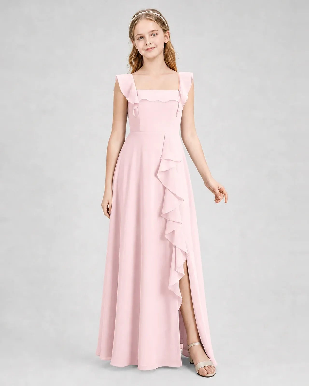 Pink Chiffon A-line Junior Bridesmaid Dress Side View