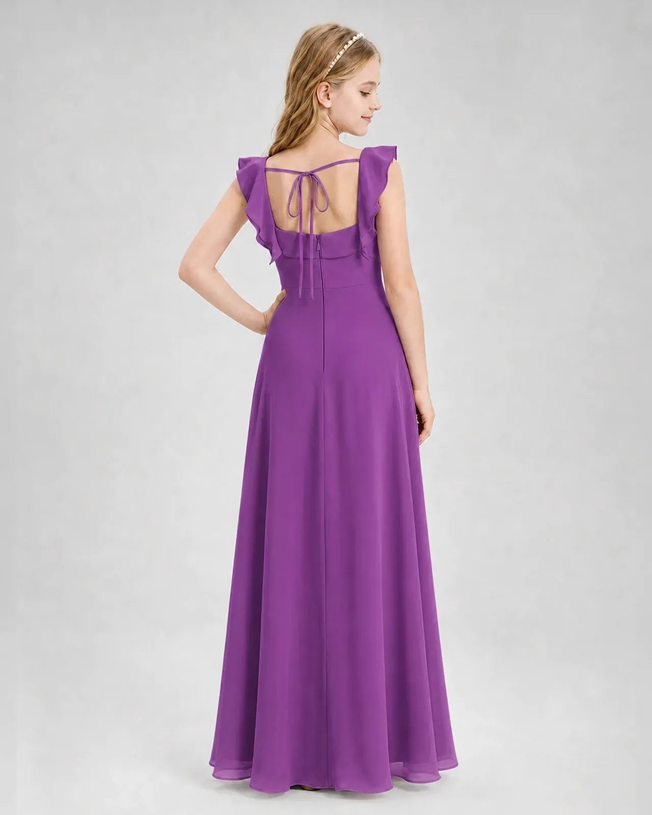 Purple Chiffon A-line Junior Bridesmaid Dress Back View