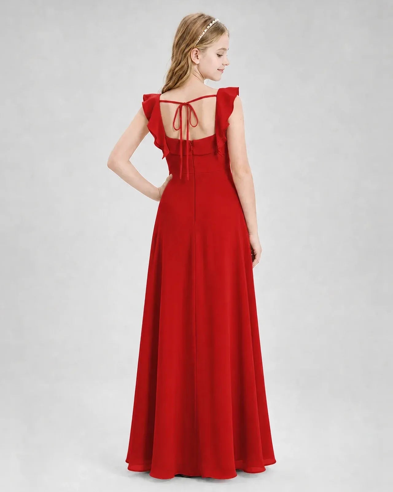 Red Chiffon A-line Junior Bridesmaid Dress Back View