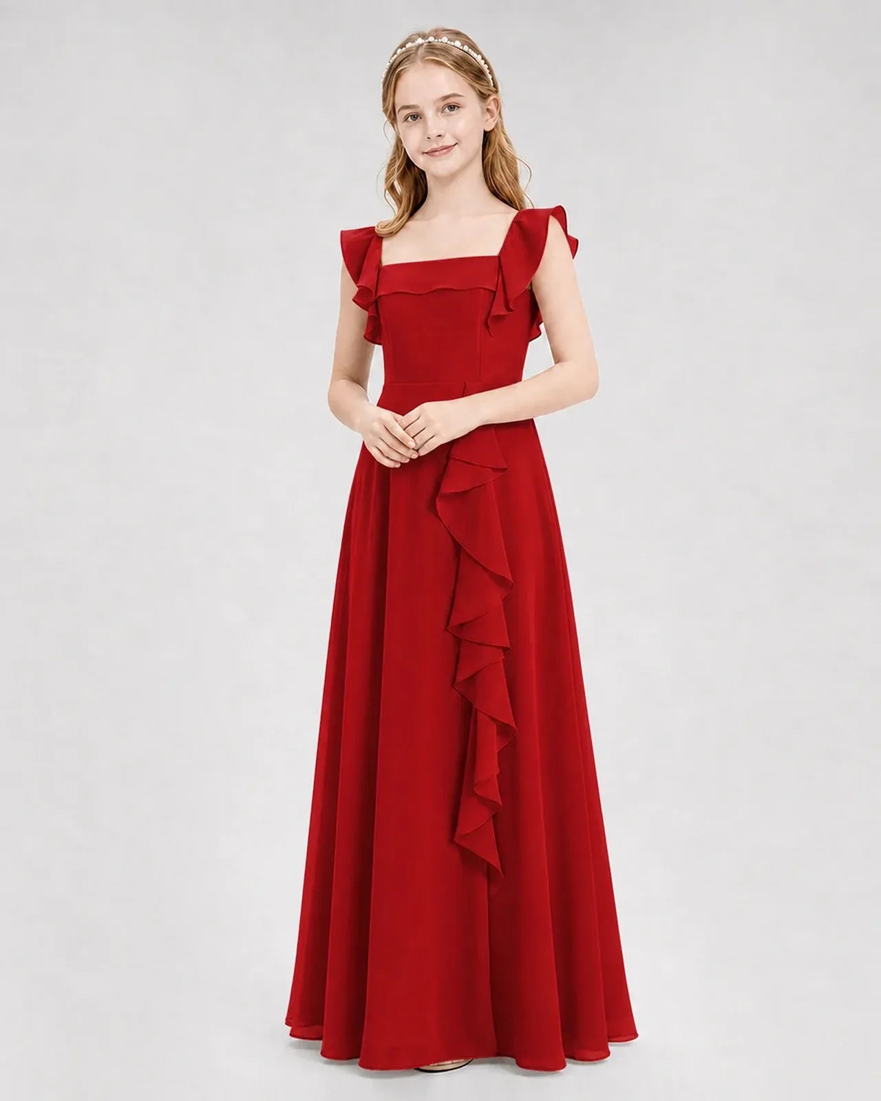 Red Chiffon A-line Junior Bridesmaid Dress Front View