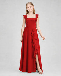 Dideyttawl Chiffon Junior Bridesmaid Dress with Ruffle Slit & Square Neck