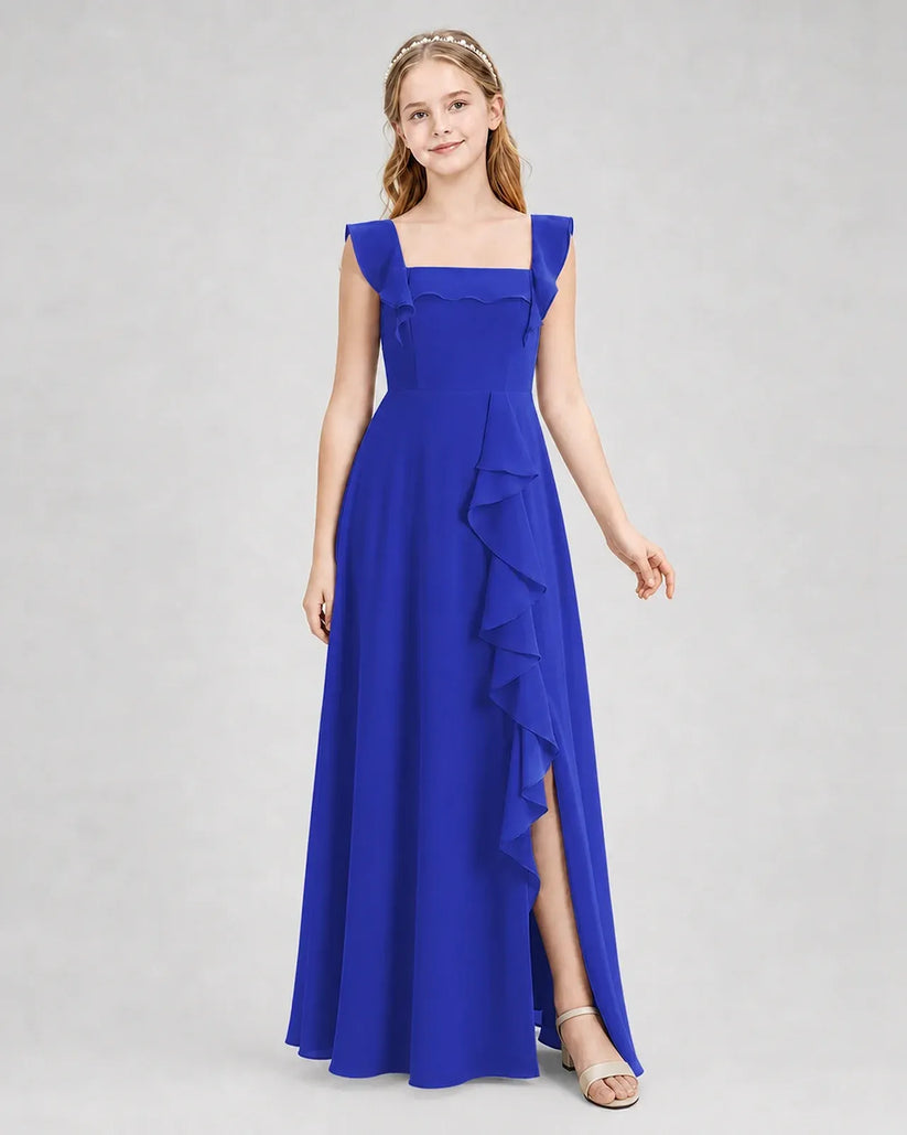 Royal Blue Chiffon A-line Junior Bridesmaid Dress Side View