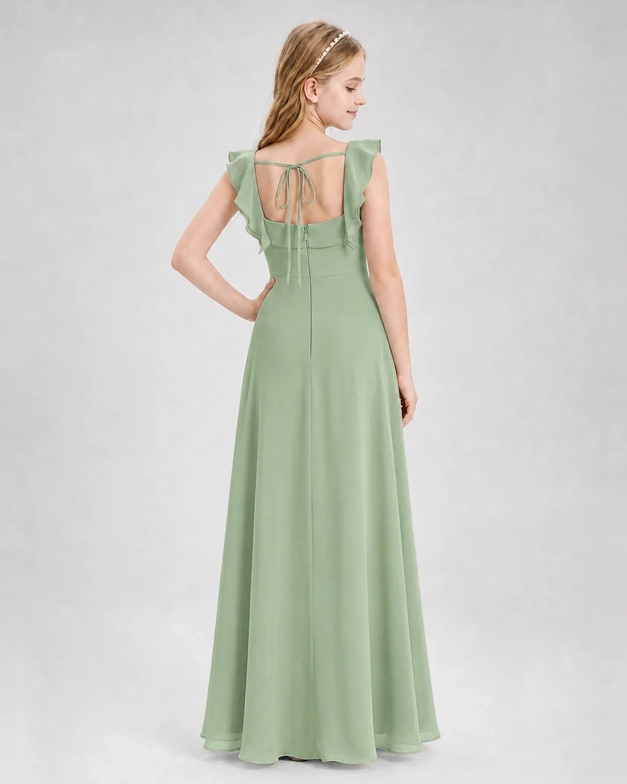 Dideyttawl Chiffon Junior Bridesmaid Dress with Ruffle Slit & Square Neck