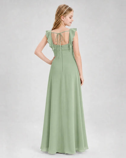 Sagegreen Chiffon A-line Junior Bridesmaid Dress Back View