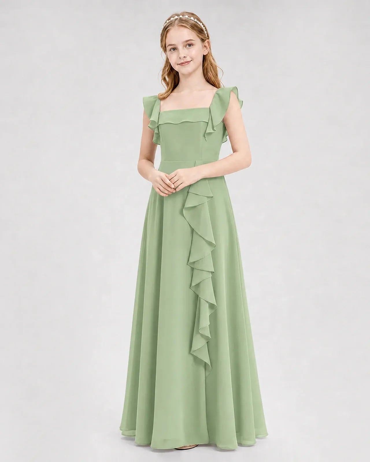 Sagegreen Chiffon A-line Junior Bridesmaid Dress Front View