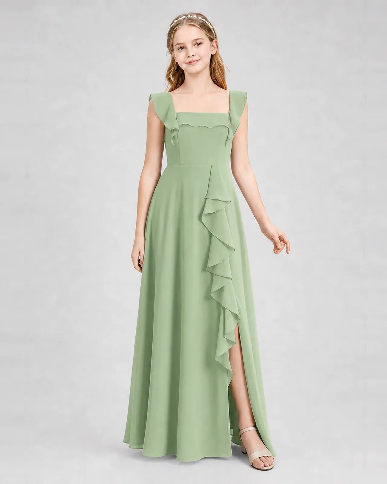 Sagegreen Chiffon A-line Junior Bridesmaid Dress Side View