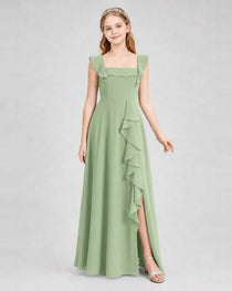 Dideyttawl Chiffon Junior Bridesmaid Dress with Ruffle Slit & Square Neck