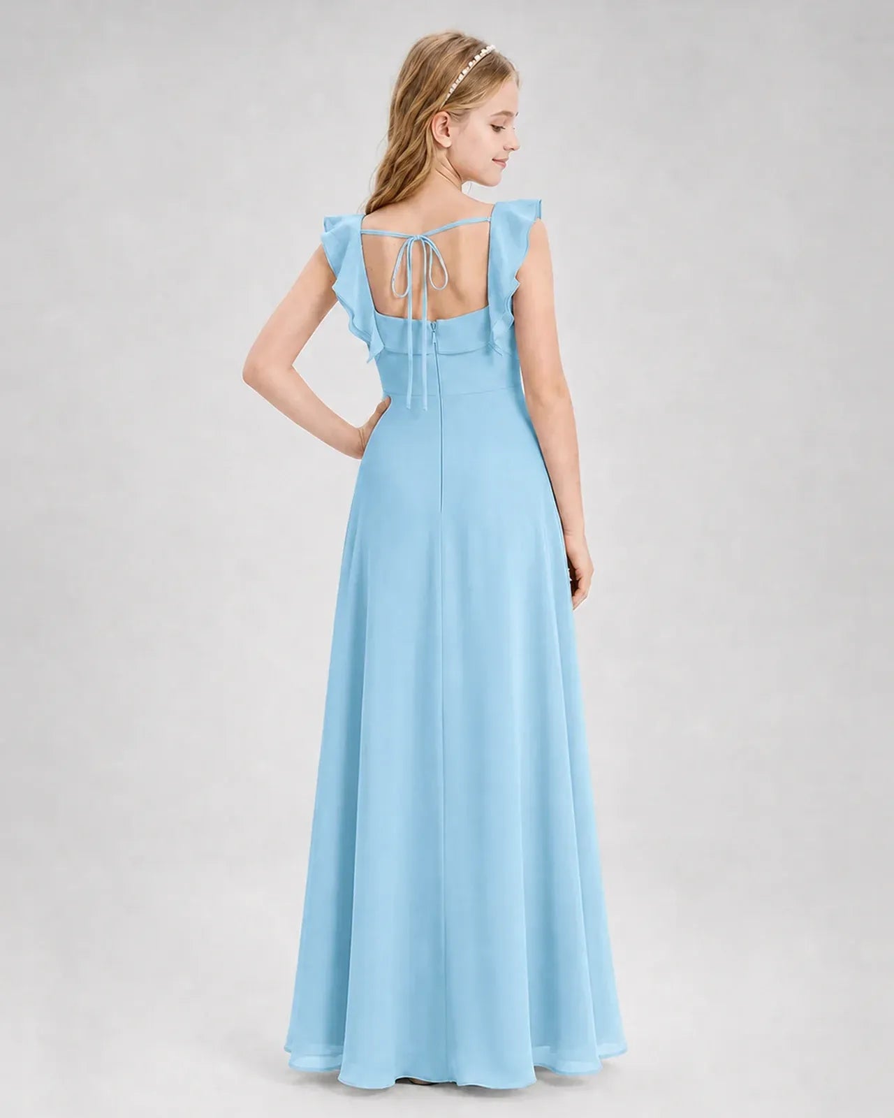 Skyblue Chiffon A-line Junior Bridesmaid Dress Back View