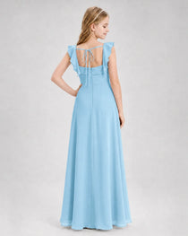 Dideyttawl Chiffon Junior Bridesmaid Dress with Ruffle Slit & Square Neck