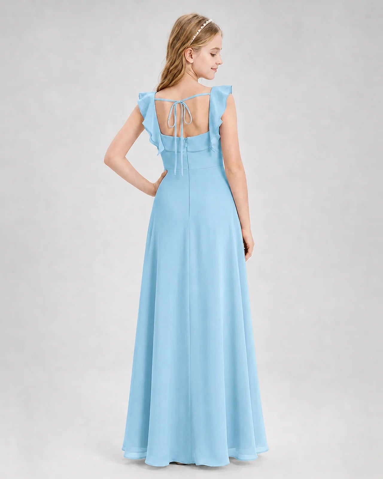 Dideyttawl Chiffon Junior Bridesmaid Dress with Ruffle Slit & Square Neck