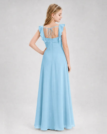 Skyblue Chiffon A-line Junior Bridesmaid Dress Back View