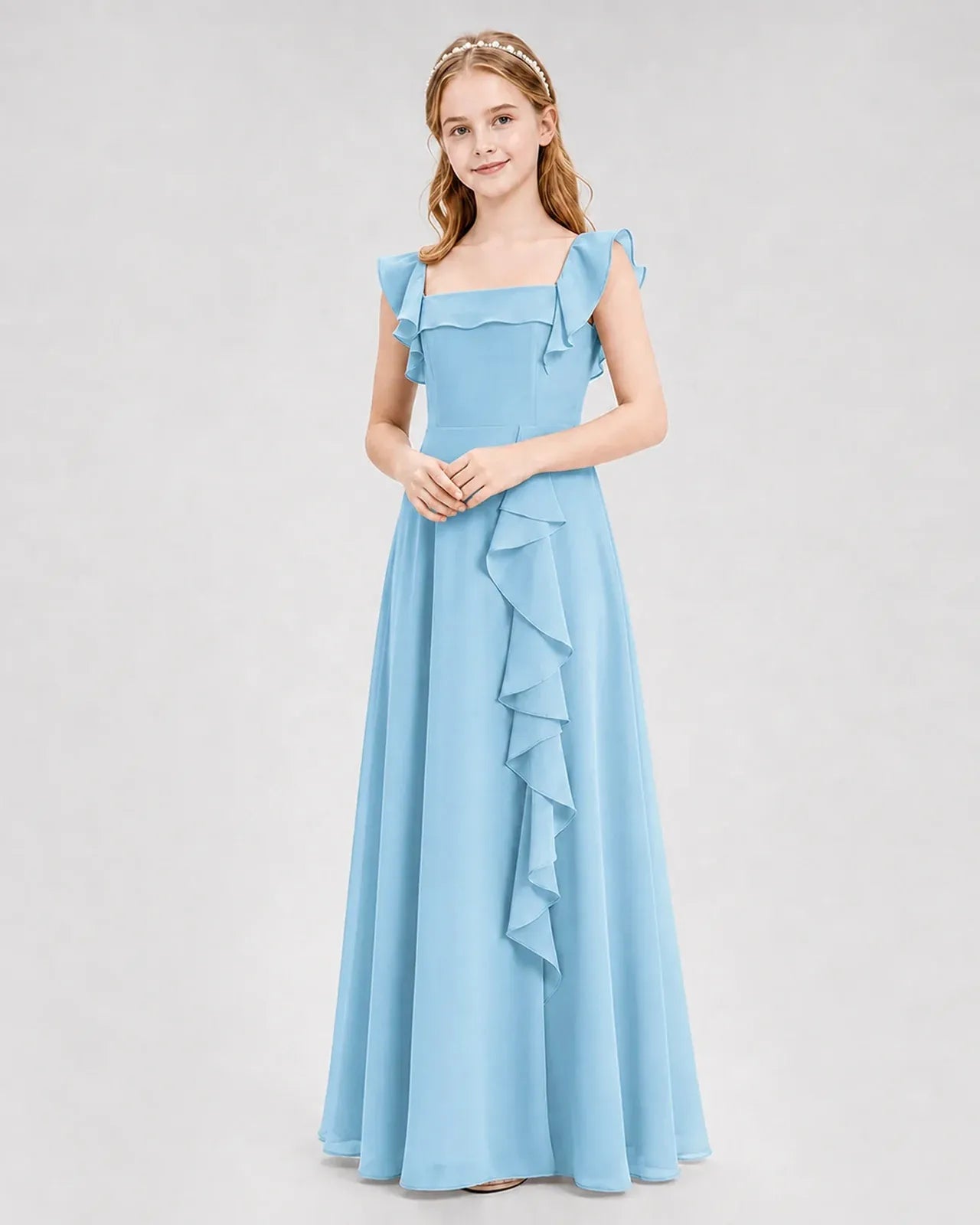 Skyblue Chiffon A-line Junior Bridesmaid Dress Front View