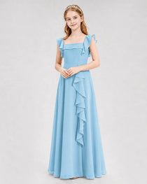 Dideyttawl Chiffon Junior Bridesmaid Dress with Ruffle Slit & Square Neck