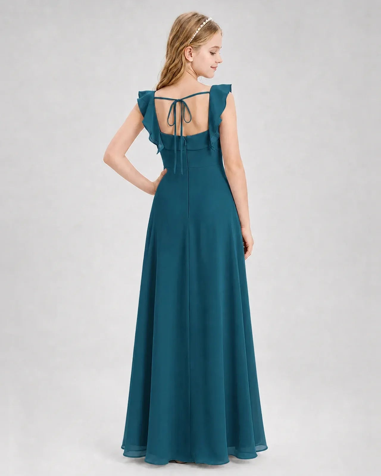 Teal Chiffon A-line Junior Bridesmaid Dress Back View