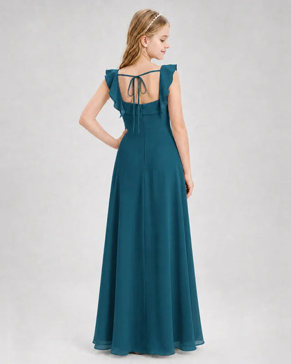Teal Chiffon A-line Junior Bridesmaid Dress Back View