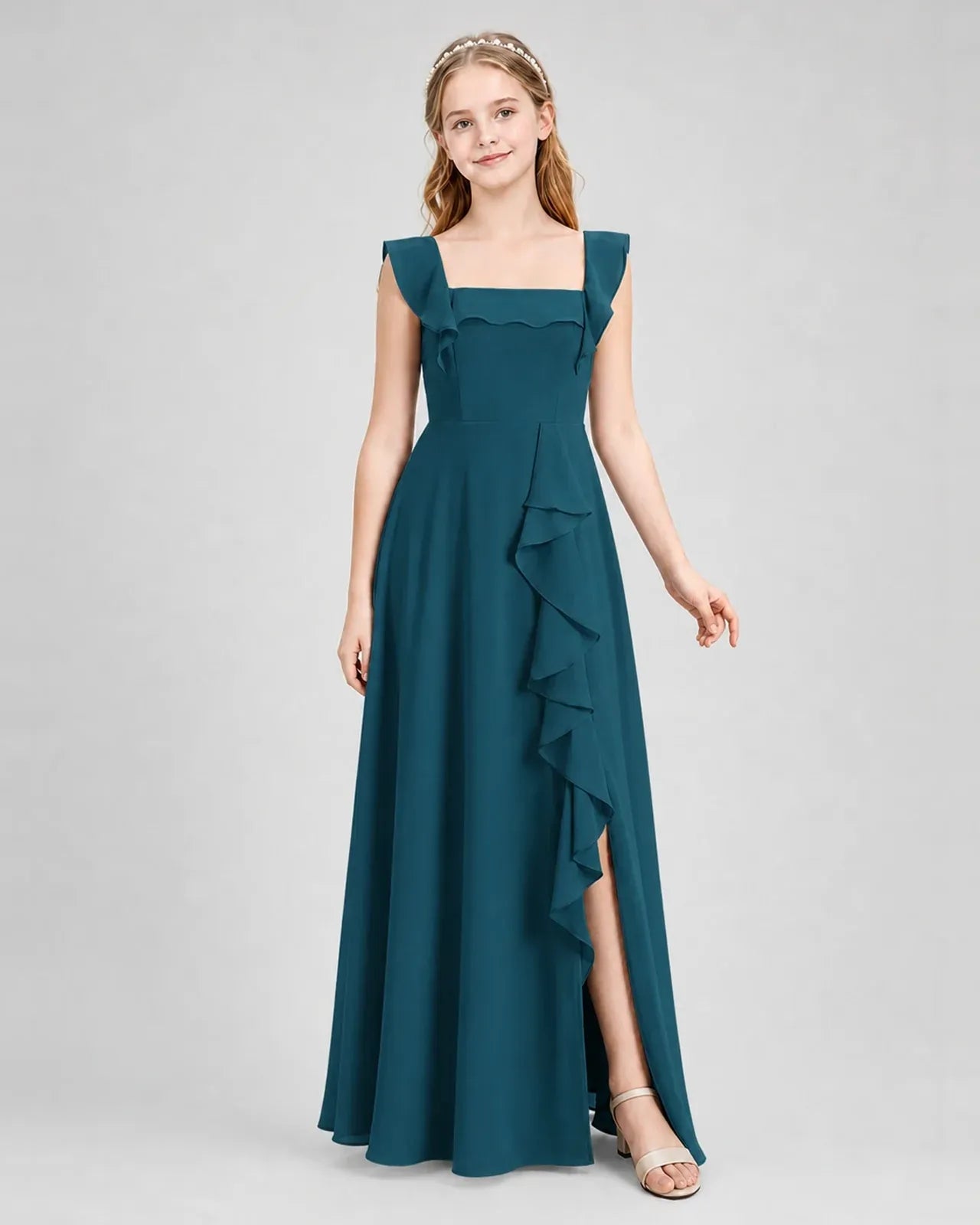 Teal Chiffon A-line Junior Bridesmaid Dress Side View