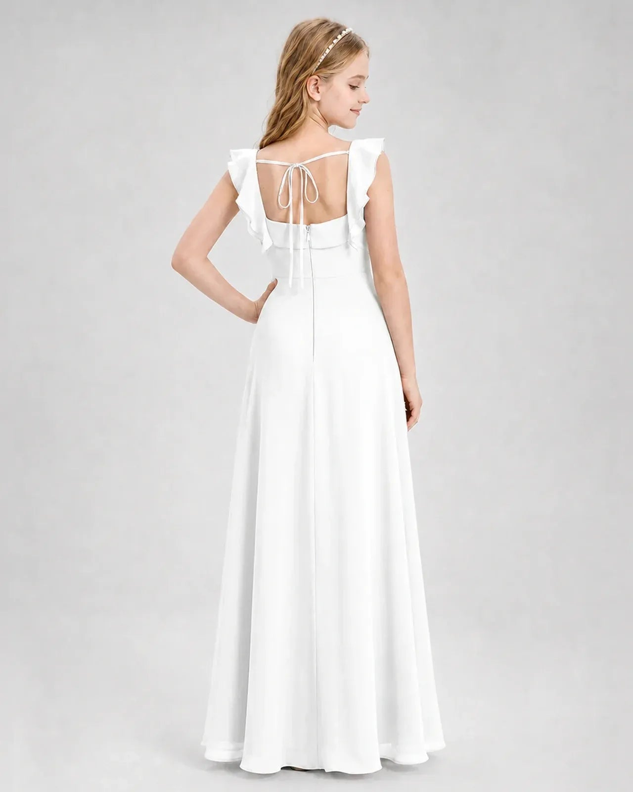 White Chiffon A-line Junior Bridesmaid Dress Back View