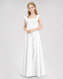 Dideyttawl Chiffon Junior Bridesmaid Dress with Ruffle Slit & Square Neck