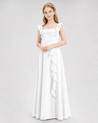 White Chiffon A-line Junior Bridesmaid Dress Front View