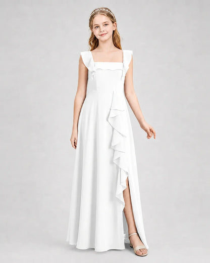 White Chiffon A-line Junior Bridesmaid Dress Side View