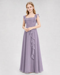Dideyttawl Chiffon Junior Bridesmaid Dress with Ruffle Slit & Square Neck