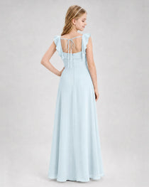 Dideyttawl Square Neck Ruffle Chiffon Junior Bridesmaid Dress with Slit