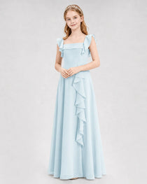 Dideyttawl Square Neck Ruffle Chiffon Junior Bridesmaid Dress with Slit