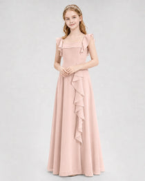Dideyttawl Square Neck Ruffle Chiffon Junior Bridesmaid Dress with Slit
