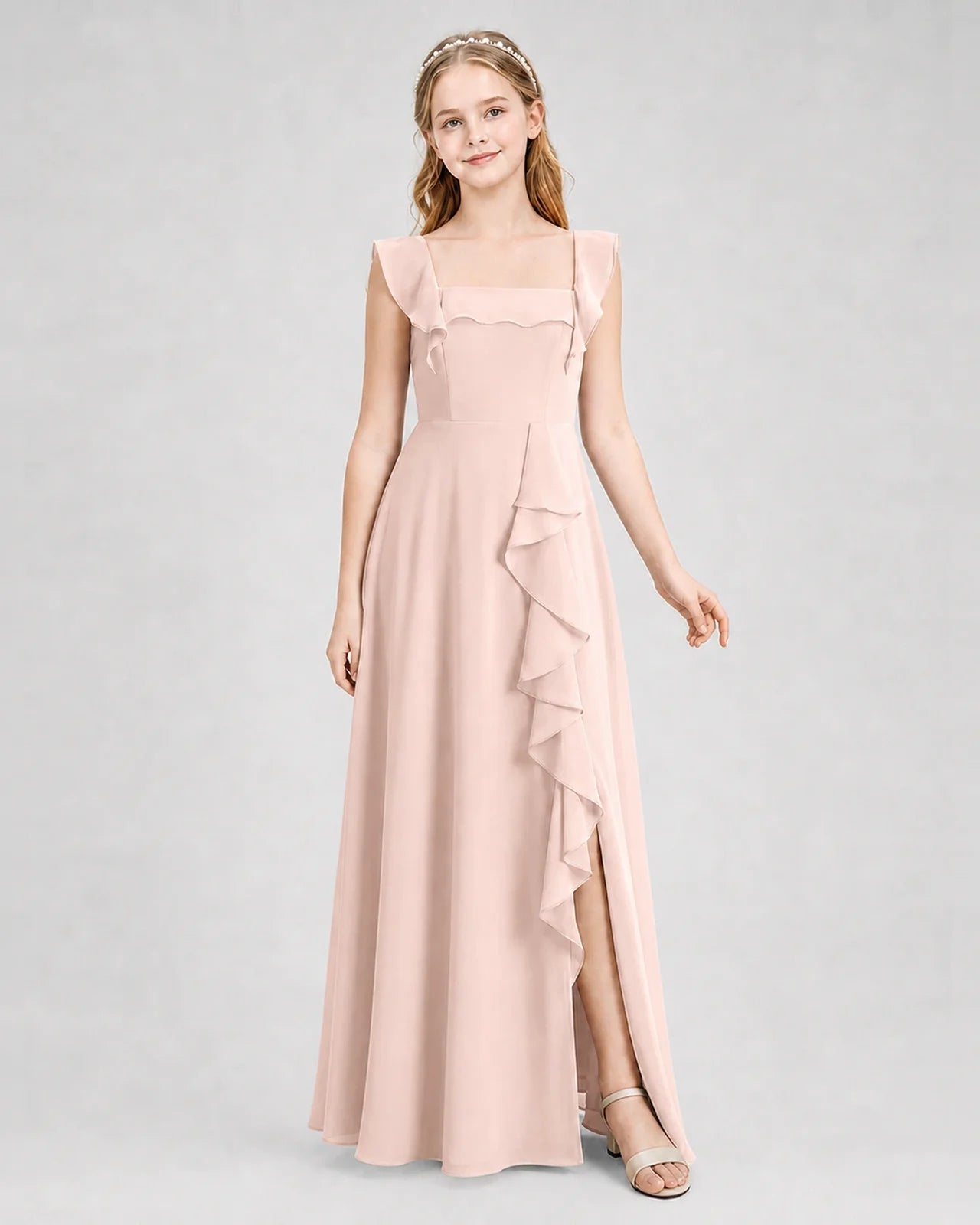 Dideyttawl Square Neck Ruffle Chiffon Junior Bridesmaid Dress with Slit