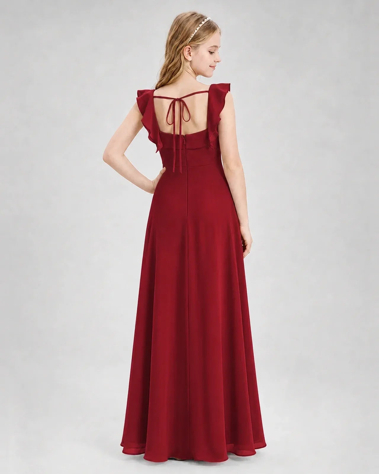 Dideyttawl Square Neck Ruffle Chiffon Junior Bridesmaid Dress with Slit