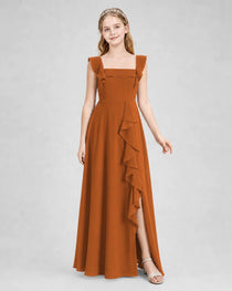 Dideyttawl Square Neck Ruffle Chiffon Junior Bridesmaid Dress with Slit