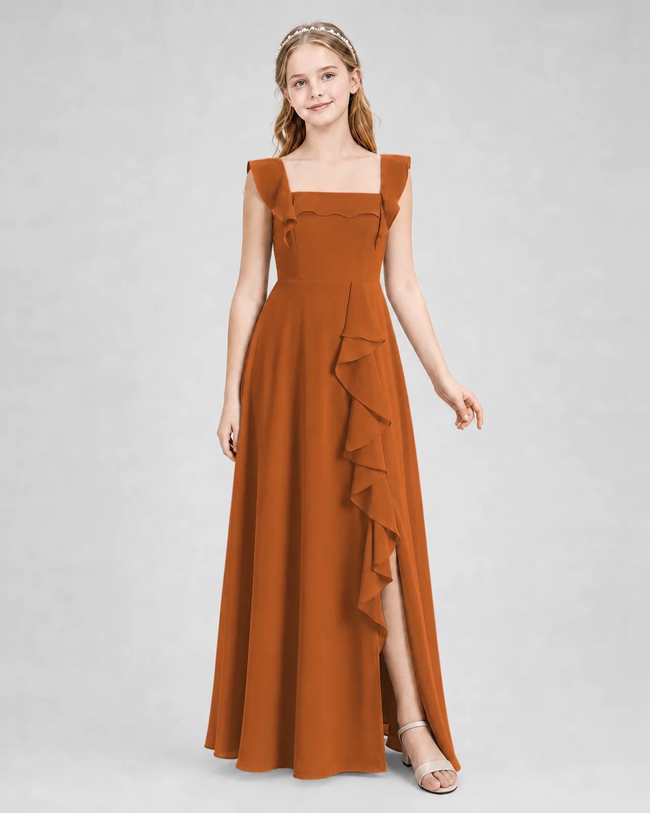 Dideyttawl Square Neck Ruffle Chiffon Junior Bridesmaid Dress with Slit