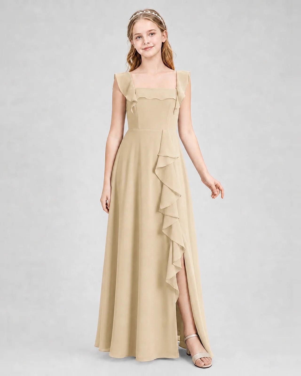 Dideyttawl Square Neck Ruffle Chiffon Junior Bridesmaid Dress with Slit