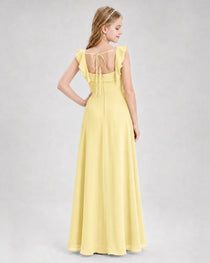 Dideyttawl Square Neck Ruffle Chiffon Junior Bridesmaid Dress with Slit