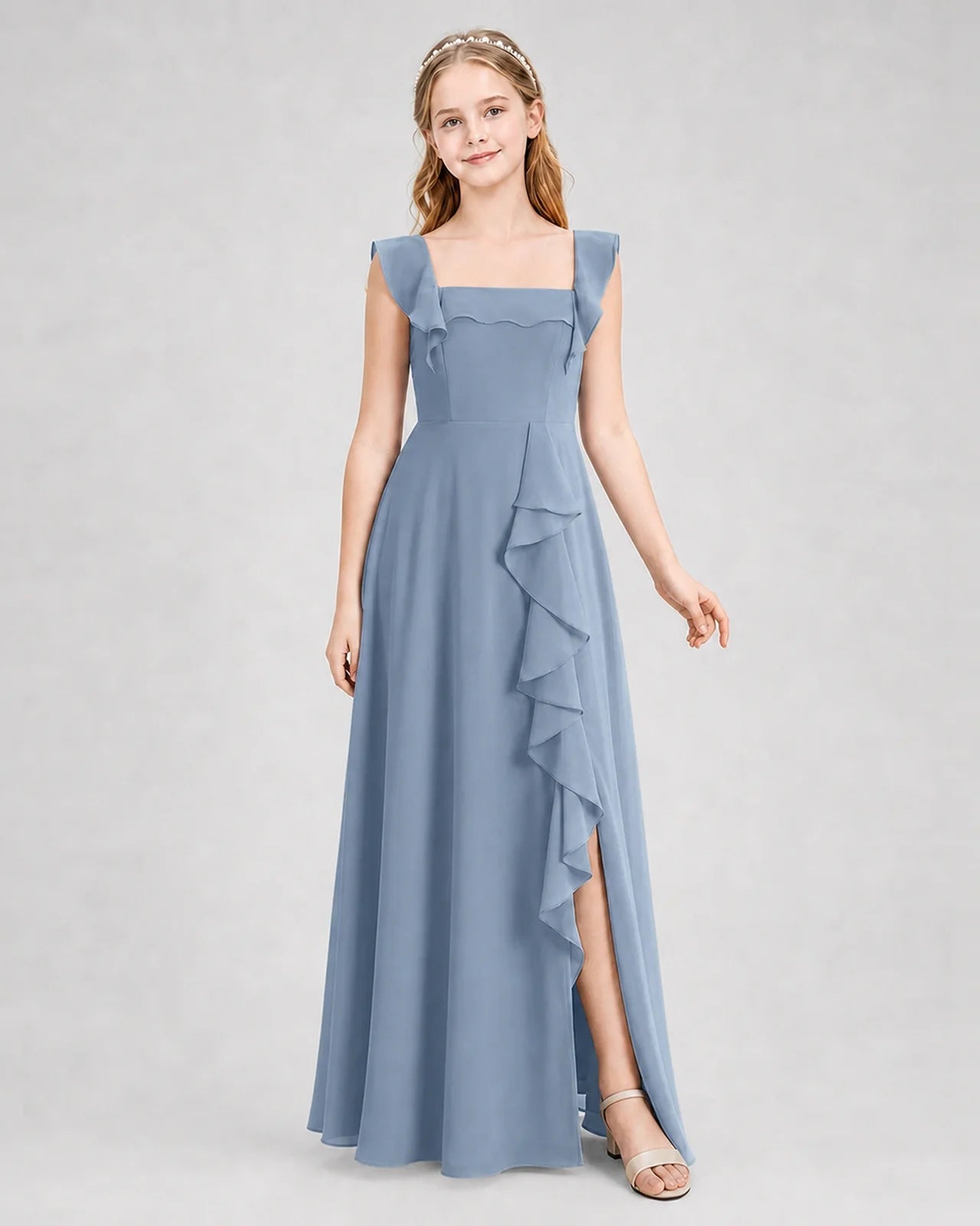 Dideyttawl Square Neck Ruffle Chiffon Junior Bridesmaid Dress with Slit