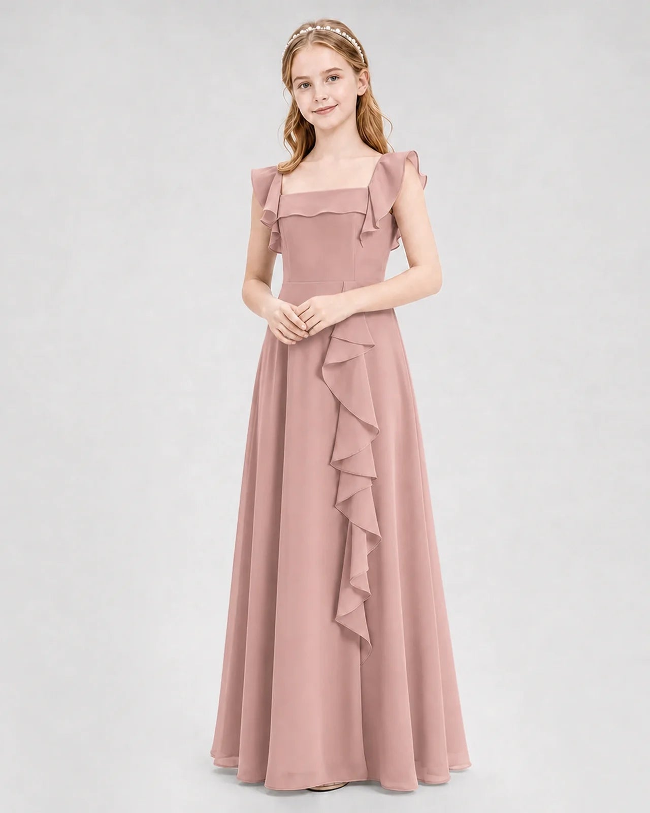 Dideyttawl Square Neck Ruffle Chiffon Junior Bridesmaid Dress with Slit