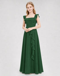 Dideyttawl Square Neck Ruffle Chiffon Junior Bridesmaid Dress with Slit