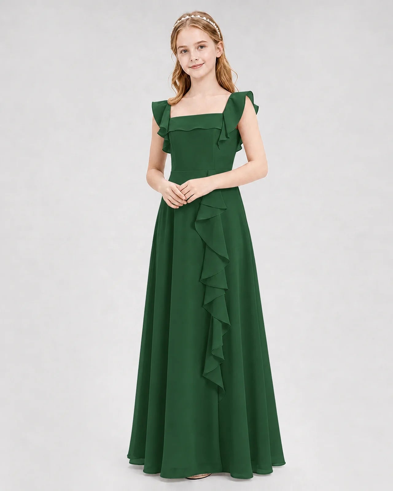 Dideyttawl Square Neck Ruffle Chiffon Junior Bridesmaid Dress with Slit