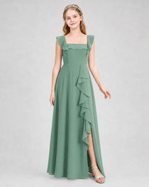 Dideyttawl Square Neck Ruffle Chiffon Junior Bridesmaid Dress with Slit